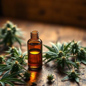Flacon d’huile de CBD ambré posé sur une table en bois rustique, entouré de fleurs de chanvre fraîches.