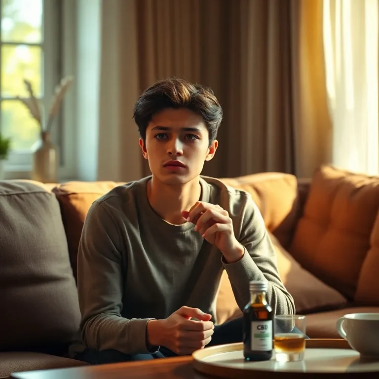 Un jeune adulte assis sur un canapé avec un regard anxieux, un flacon de CBD et une tasse de tisane sur la table, illustrant l’usage du CBD contre l’anxiété.