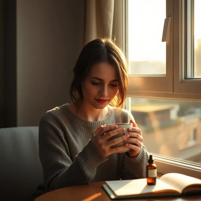 Une femme assise près d’une fenêtre, buvant une boisson chaude avec un flacon de CBD à côté d’elle, illustrant son utilisation pour lutter contre le stress et la dépression.