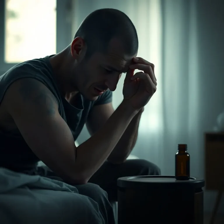 Un homme assis sur son lit, tenant sa tête dans ses mains, avec un flacon de CBD en avant-plan, évoquant une possible aide contre la schizophrénie et les troubles psychotiques.