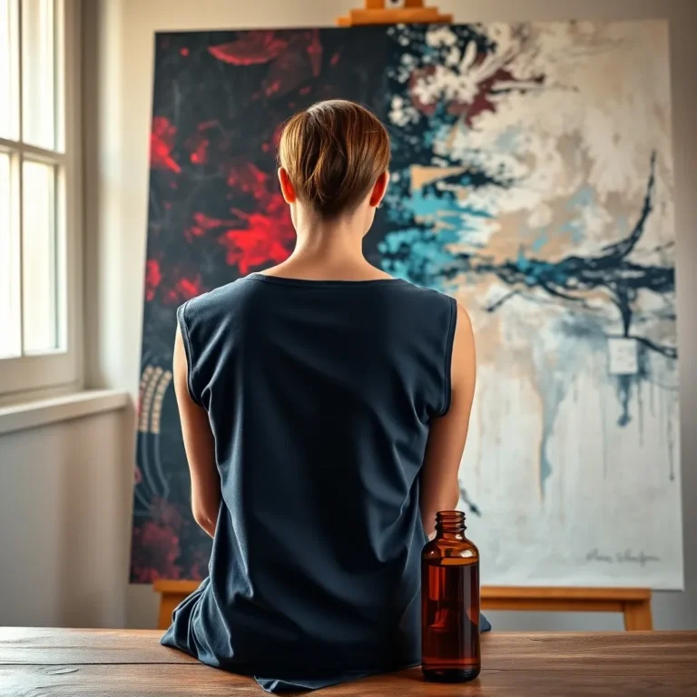 Une artiste face à une toile divisée en zones sombres et lumineuses, représentant les fluctuations émotionnelles des troubles borderline et bipolaires, avec un flacon de CBD en premier plan.