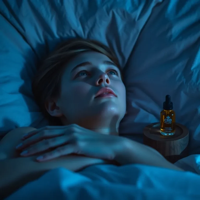 Un jeune homme allongée sur son lit, l’air préoccupé et en proie à l’insomnie, avec un flacon de CBD posé sur une table de chevet, suggérant une solution naturelle contre les troubles du sommeil liés à l’anxiété.