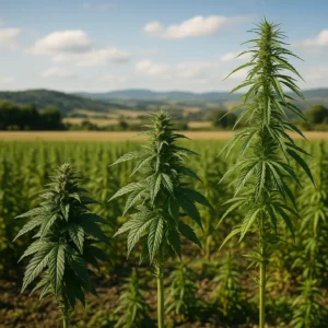 Variétés de cannabis CBD Indica, Hybride et Sativa poussant en plein champ dans un paysage d’Occitanie.