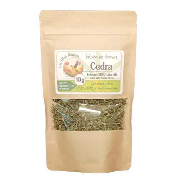 Infusion de chanvre Cedra CBD, produit naturel et artisanal cultivé en Occitanie par Les Têtes Fleuries