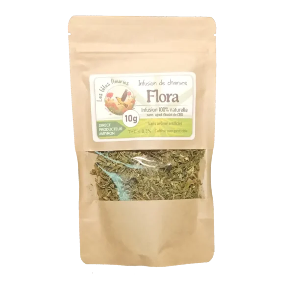 Infusion de chanvre Flora CBDV, produit naturel et artisanal cultivé en Occitanie par Les Têtes Fleuries