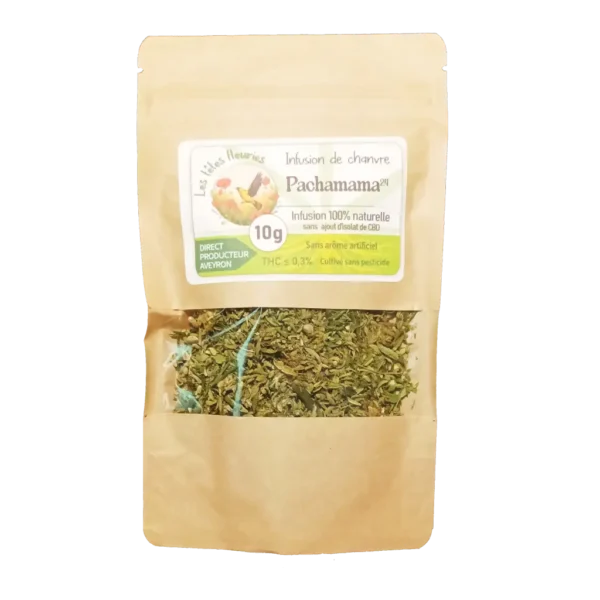 Infusion de chanvre Pachamama CBG, produit naturel et artisanal cultivé en Occitanie par Les Têtes Fleuries