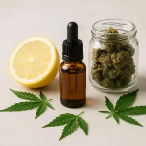 Limonène terpène : huile de CBD ambrée, fleurs séchées et citron frais sur fond clair.