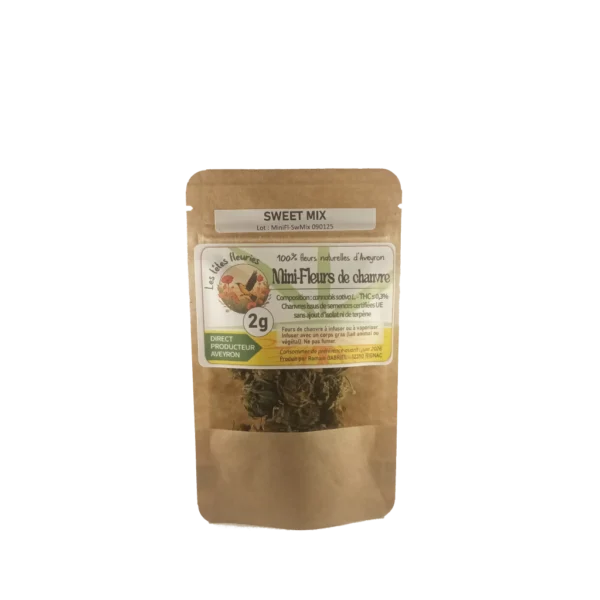 Mini-fleurs de chanvre Sweet Mix CBD, produit artisanal cultivé en Occitanie par Les Têtes Fleuries